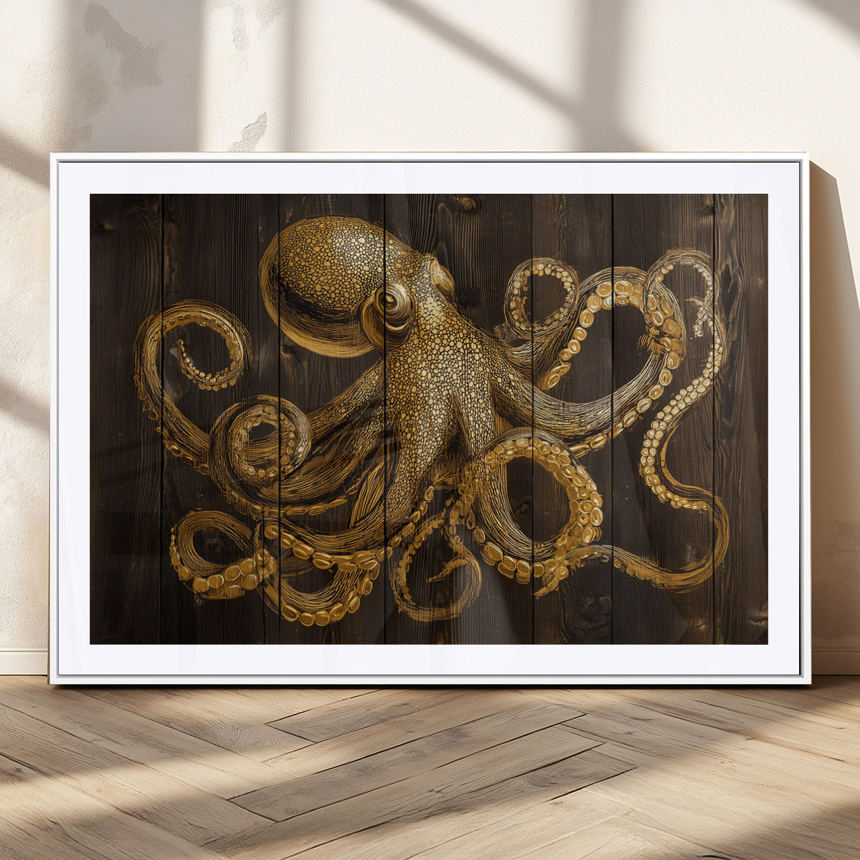 56769669-MGV-CV-36X24-Octopus Wall Art – Gold Nautical Canvas Print with Rustic Wood Panel Design, Detailed Marine Artwork for Coastal Ocean Decoration