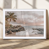 18005328-MGC-FP-36x24_White-Tropical Beach Wall Art – Coastal Ocean Canvas Print with Palm Tree, Sunset Sky and Rocky Shore, Serene Seascape Photography for