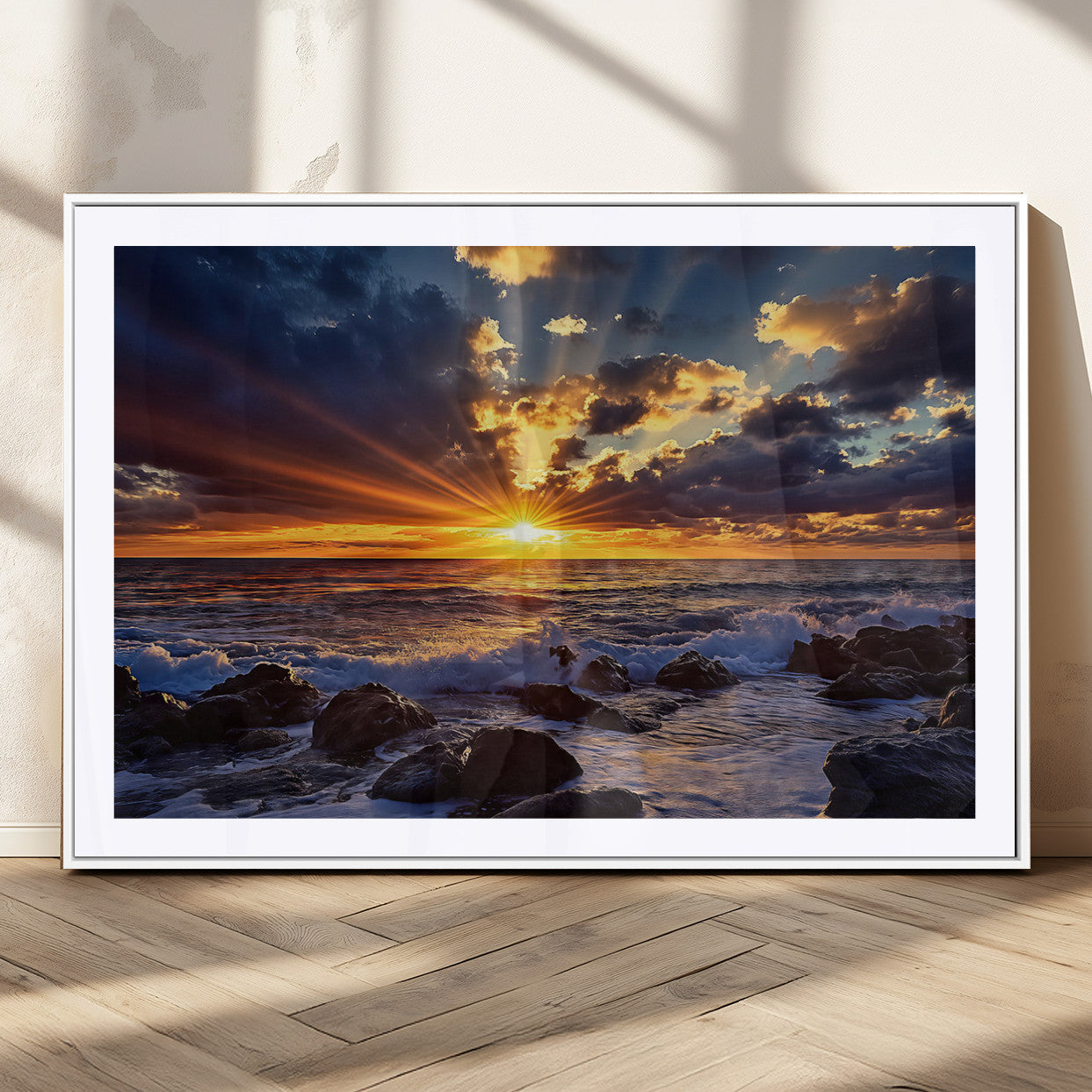 35900590-MGV-CV-36X24-Ocean Sunset Wall Art – Vivid Seascape Canvas Print with Sunburst Sky, Crashing Waves and Rocky Shore, Dramatic Coastal