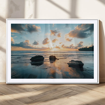 23879436-MGC-FP-36x24_White-Ocean Sunset Wall Art – Serene Seascape Canvas Print with Golden Sky, Reflections on Sand and Calm Waves, Peaceful Coastal