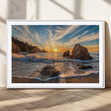 85659923-MGC-FP-36x24_White-Rocky Ocean Sunset Canvas Wall Art – Seaside Dramatic Seascape Print, Coastal Modern Decor, Ocean Sunset Art for Living Room or