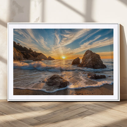 85659923-MGC-FP-36x24_White-Rocky Ocean Sunset Canvas Wall Art – Seaside Dramatic Seascape Print, Coastal Modern Decor, Ocean Sunset Art for Living Room or