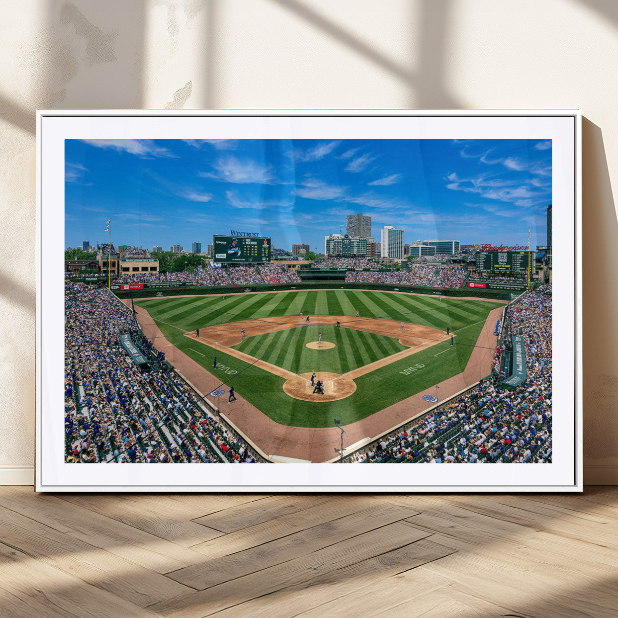 56213978-MGC-FP-36x24_White-Wrigley Field Baseball Stadium Canvas Wall Art – Packed Crowd Sports Stadium Print, City Skyline Baseball Field Canvas for Game