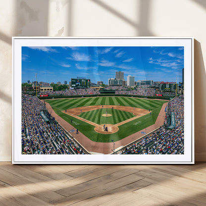 56213978-MGC-FP-36x24_White-Baseball Stadium Wall Art – Panoramic Ballpark Canvas Print with Fans, Green Field and City Skyline, Classic Sports Photography