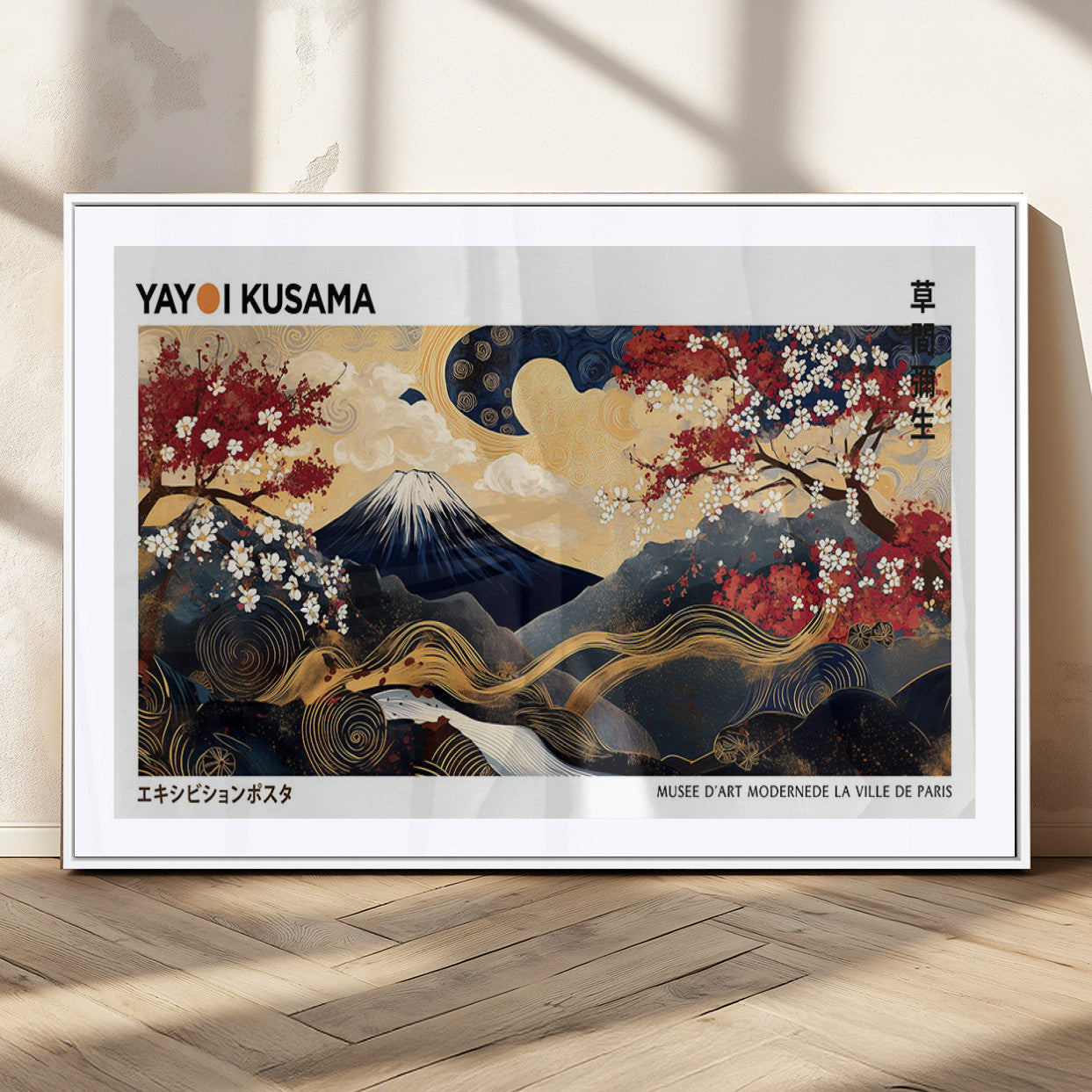28945903-MGC-FP-36x24_White-Yayoi Kusama Inspired Japanese Art Canvas Print – Framed Floral & Mt. Fuji Wall Decor, Modern Asian Style Canvas for Home, Office,