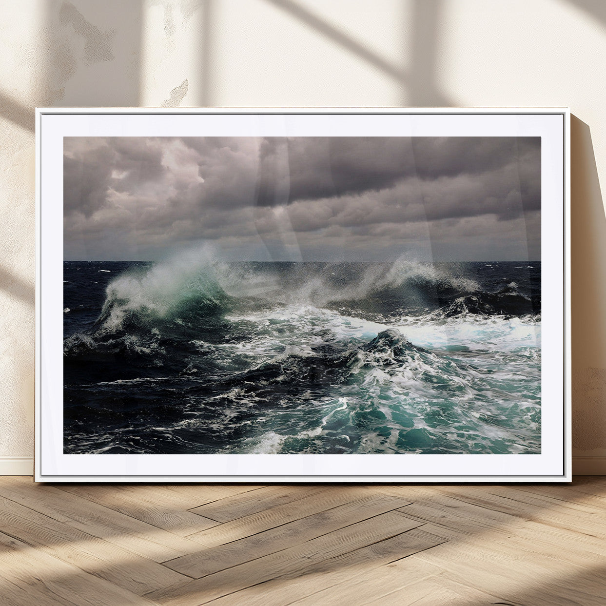 38622353-MGC-FP-36x24_White-Stormy Ocean Waves Canvas Wall Art – Framed Turbulent Sea Print, Large Nature Canvas for Coastal, Living Room, or Office Spaces