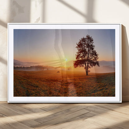 57919623-MGC-FP-36x24_White-Golden Sunrise Landscape Canvas Wall Art - Framed Misty Field Print, Large Nature Canvas for Living Room, Office, or Home Decor