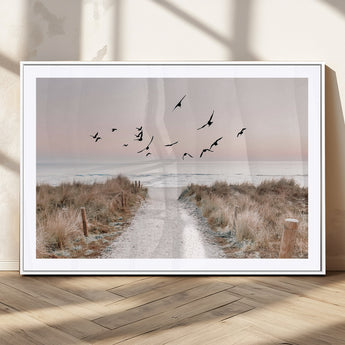 34632598-MGV-CV-36X24-Beach Pathway Wall Art – Coastal Canvas Print with Sandy Trail, Flying Birds and Pastel Sky, Serene Ocean Landscape Photography