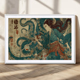 46837670-MGV-CV-36X24-Tsukioka Yoshitoshi Samurai Wall Art Print, Japanese Katana Warrior Canvas Wall Art, Octopus Sea Monster Canvas Print,