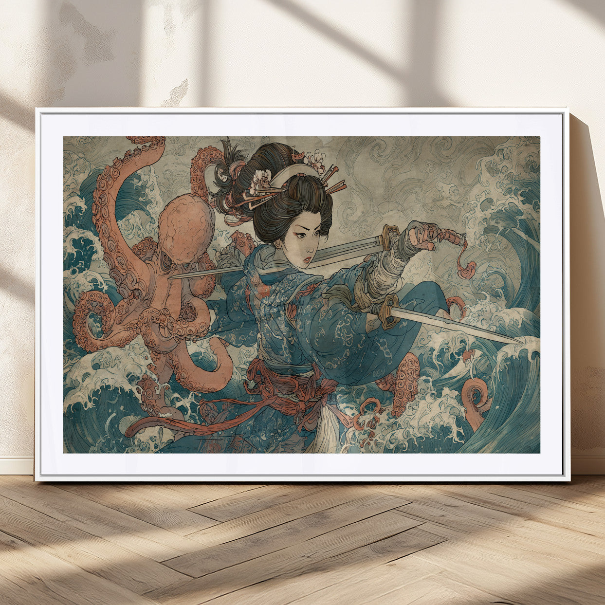 52037775-MGC-FP-36x24_White-Samurai Woman Wall Art – Japanese Ukiyo e Style Canvas Print with Katana, Ocean Waves and Octopus, Traditional Asian Inspired