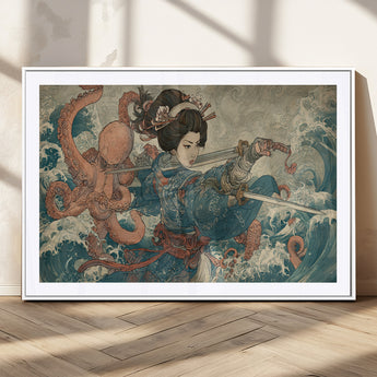 52037775-MGC-FP-36x24_White-Samurai Woman Wall Art – Japanese Ukiyo e Style Canvas Print with Katana, Ocean Waves and Octopus, Traditional Asian Inspired