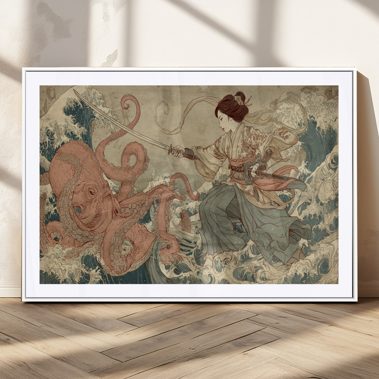54879547-MGV-CV-36X24-Tsukioka Yoshitoshi Samurai Wall Art Print, Japanese Katana Warrior Canvas Wall Art, Octopus Sea Monster Canvas Print,