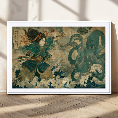 24416422-MGV-CV-36X24-Tsukioka Yoshitoshi Samurai Wall Art Print, Japanese Katana Warrior Canvas Wall Art, Octopus Sea Monster Canvas Print,