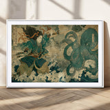 24416422-MGC-FP-36x24_White-Samurai vs Octopus Wall Art – Japanese Warrior Ocean Battle Canvas Print, Ukiyo e Inspired Decor for Home, Office, or Man Cave