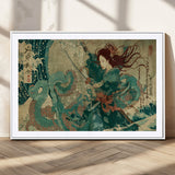 86918027-MGV-CV-36X24-Tsukioka Yoshitoshi Samurai Wall Art Print, Japanese Katana Warrior Canvas Wall Art, Octopus Sea Monster Canvas Print,