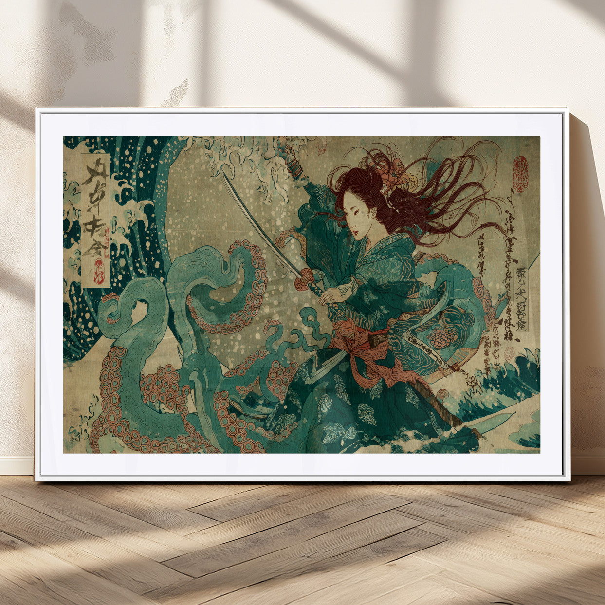 86918027-MGC-FP-36x24_White-Samurai Warrior vs Octopus Wall Art – Japanese Ukiyo-e Ocean Battle Canvas Print, Traditional Samurai Artwork for Living Room,