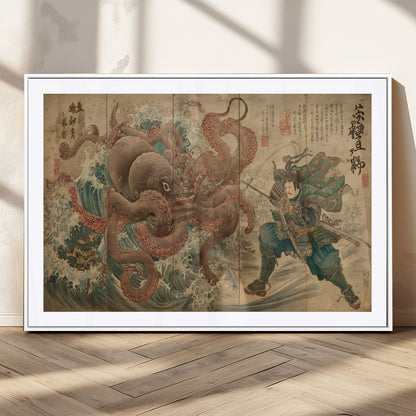 63782167-MGV-CV-36X24-Tsukioka Yoshitoshi Samurai Wall Art Print, Japanese Katana Warrior Canvas Wall Art, Octopus Sea Monster Canvas Print,