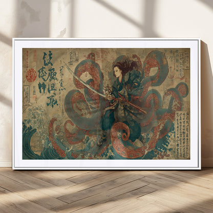 98593115-MGV-CV-36X24-Tsukioka Yoshitoshi Samurai Wall Art Print, Japanese Katana Warrior Canvas Wall Art, Octopus Sea Monster Canvas Print,