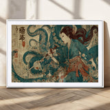 18575670-MGV-CV-36X24-Tsukioka Yoshitoshi Samurai Wall Art Print, Japanese Katana Warrior Canvas Wall Art, Octopus Sea Monster Canvas Print,