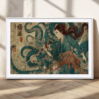 18575670-MGC-FP-36x24_White-Samurai Woman vs Octopus Wall Art – Japanese Ukiyo-e Ocean Battle Canvas Print, Traditional Warrior Artwork for Living Room,