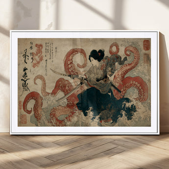 50812504-MGV-CV-36X24-Tsukioka Yoshitoshi Samurai Wall Art Print, Japanese Katana Warrior Canvas Wall Art, Octopus Sea Monster Canvas Print,