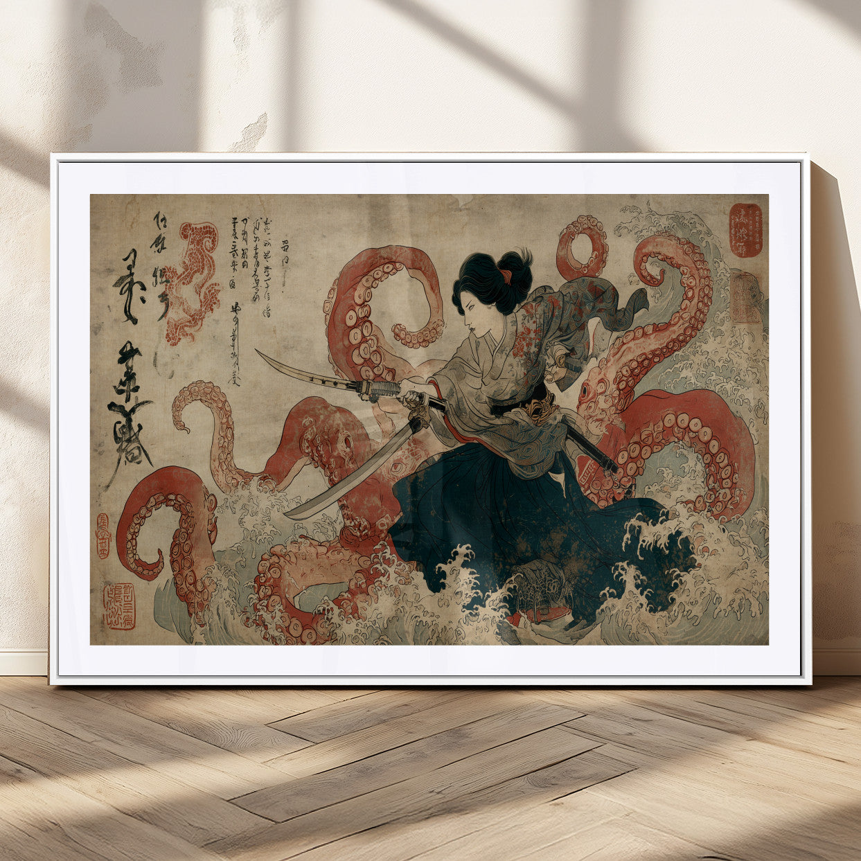 50812504-MGC-FP-36x24_White-Samurai Woman vs Octopus Wall Art – Japanese Ukiyo-e Red Tentacle Canvas Print, Ocean Battle Artwork for Living Room, Office, Man