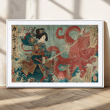 68844327-MGV-CV-36X24-Tsukioka Yoshitoshi Samurai Wall Art Print, Japanese Katana Warrior Canvas Wall Art, Octopus Sea Monster Canvas Print,