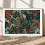 35461724-MGC-FP-36x24_White-Samurai Woman vs Octopus Wall Art – Japanese Ukiyo-e Ocean Waves Canvas Print, Red Tentacle Battle Artwork for Living Room,