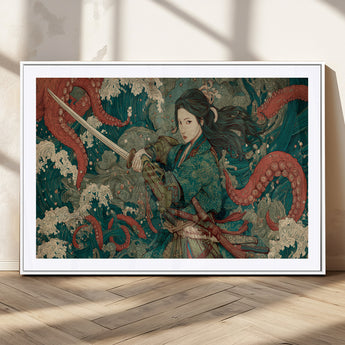 35461724-MGC-FP-36x24_White-Samurai Woman vs Octopus Wall Art – Japanese Ukiyo-e Ocean Waves Canvas Print, Red Tentacle Battle Artwork for Living Room,