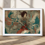 63377977-MGV-CV-36X24-Tsukioka Yoshitoshi Samurai Wall Art Print, Japanese Katana Warrior Canvas Wall Art, Octopus Sea Monster Canvas Print,
