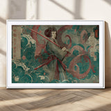 91666601-MGC-FP-36x24_White-Samurai Woman vs Octopus Wall Art – Japanese Ukiyo-e Green Robe Canvas Print, Ocean Battle Artwork for Living Room, Office, Man