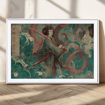 91666601-MGC-FP-36x24_White-Samurai Woman vs Octopus Wall Art – Japanese Ukiyo-e Green Robe Canvas Print, Ocean Battle Artwork for Living Room, Office, Man