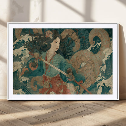 79740258-MGV-CV-36X24-Tsukioka Yoshitoshi Samurai Wall Art Print, Japanese Katana Warrior Canvas Wall Art, Octopus Sea Monster Canvas Print,