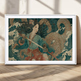 79740258-MGC-FP-36x24_White-Samurai Woman vs Octopus Wall Art – Japanese Ukiyo-e Blue Kimono Canvas Print, Ocean Battle Artwork for Living Room, Office, Man