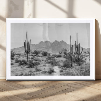 97436PHN-MGC-FP-36x24_White-Desert Landscape Wall Art – Black and White Cactus and Mountain Canvas Print, Southwestern Nature Photography for Living Room,