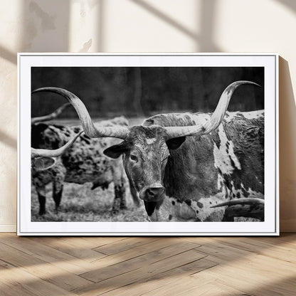 15425553-MGC-FP-36x24_White-Western Wall Art – Longhorn Cattle Black and White Canvas Print, Rustic Ranch Photography Decor for Bedroom, Living Room, Office,