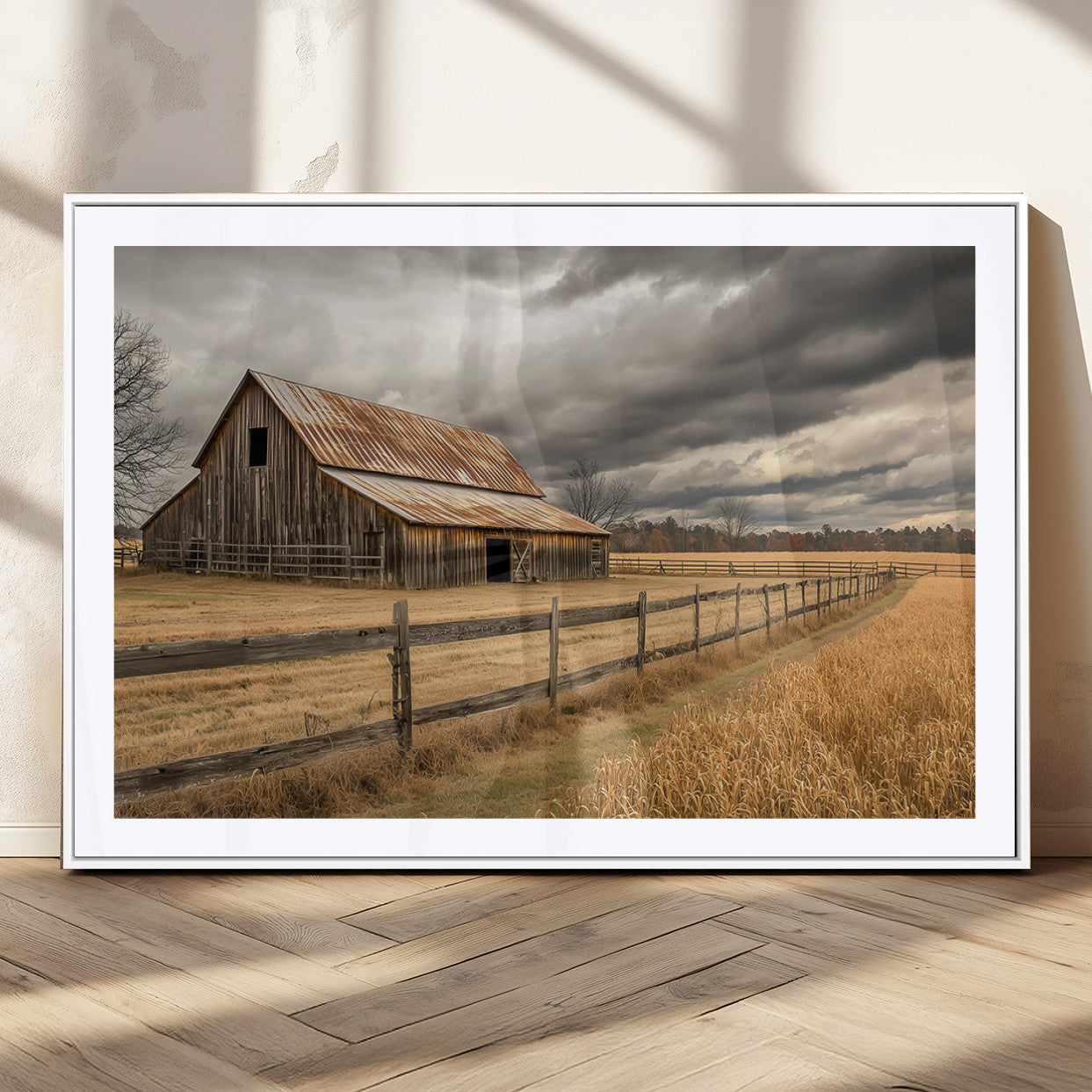 21991117-MGC-FP-36x24_White-Rustic Barn Wall Art – Weathered Farmhouse Canvas Print, Stormy Sky and Golden Field Photography Decor for Bedroom, Living Room,