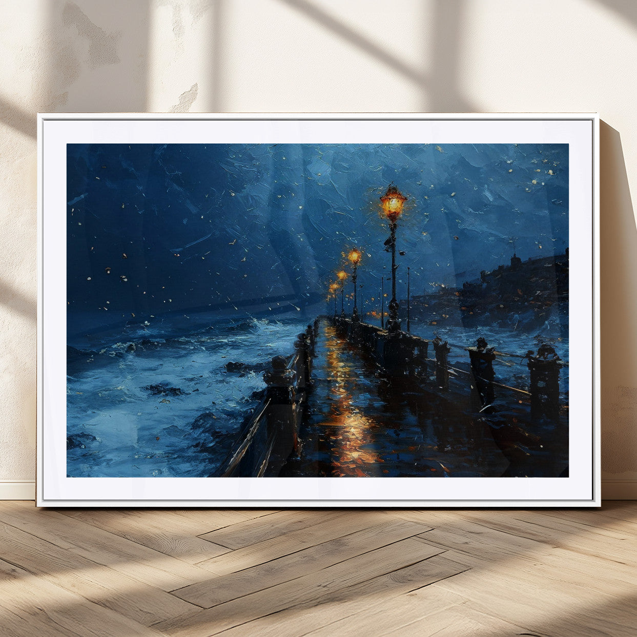48300530-MGC-FP-36x24_White-Night Pier Wall Art – Moody Ocean Boardwalk Canvas Print, Impressionist Coastal Seascape Painting Decor for Living Room, Office,