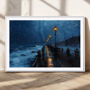 48300530-MGC-FP-36x24_White-Night Pier Wall Art – Moody Ocean Boardwalk Canvas Print, Impressionist Coastal Seascape Painting Decor for Living Room, Office,