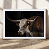 27414857-MGV-CV-36X24-Texas Longhorn Bull Canvas Wall Art – Rustic Western Farmhouse Decor, Brown & White Cow Portrait, Animal Print for Ranch Home