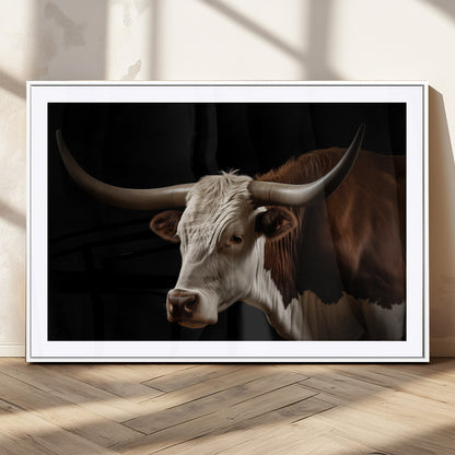 27414857-MGV-CV-36X24-Texas Longhorn Bull Canvas Wall Art – Rustic Western Farmhouse Decor, Brown & White Cow Portrait, Animal Print for Ranch Home