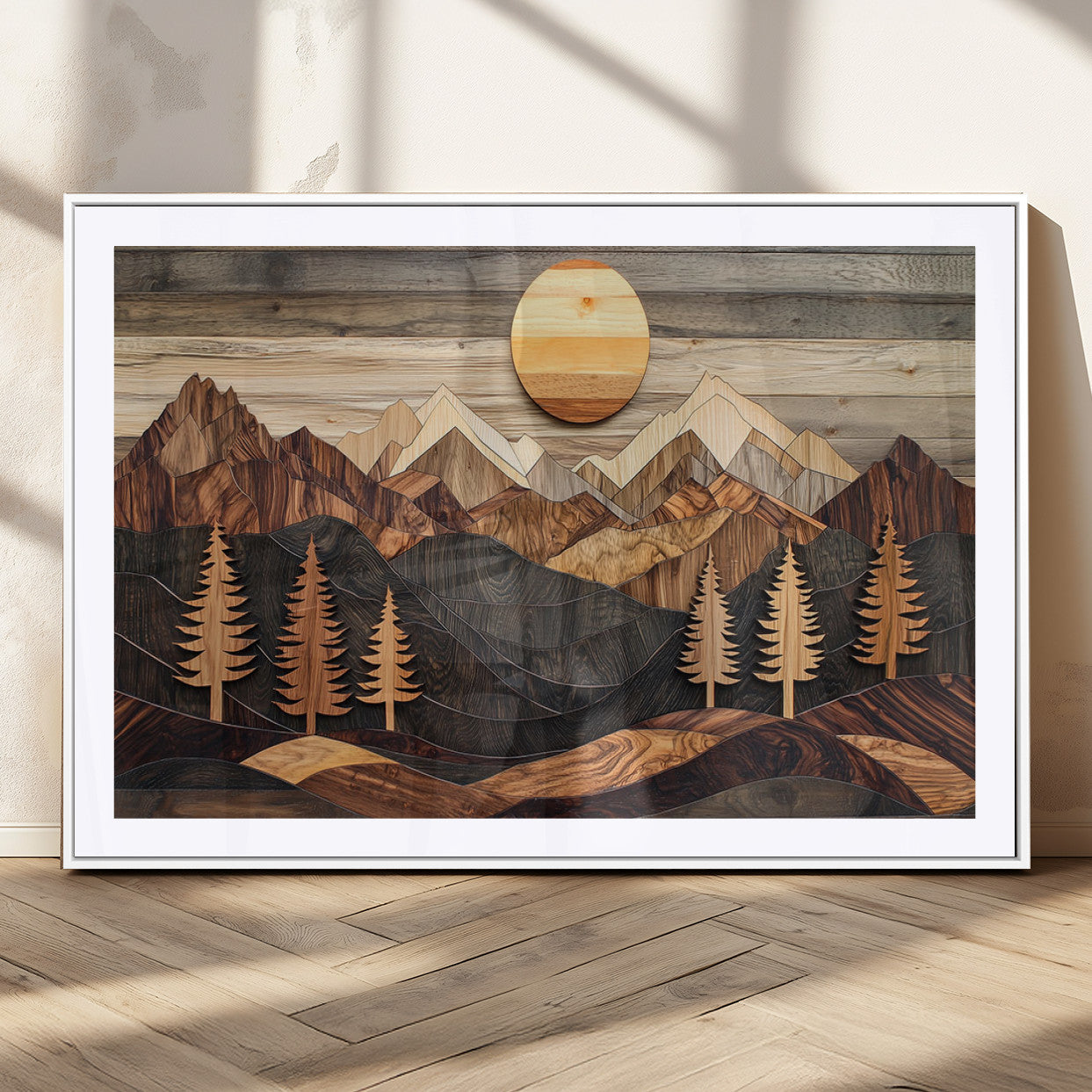 90044381-MGV-CV-36X24-Rustic Wall Art – Wooden Mountain Landscape with Sun and Pine Trees, Handcrafted Nature Canvas Style Decor for Bedroom, Living