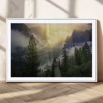 38316884-MGC-FP-36x24_White-Landscape Wall Art – Misty Mountain Valley Canvas Print, Scenic Pine Forest and Sunrise Photography Decor for Bedroom, Living