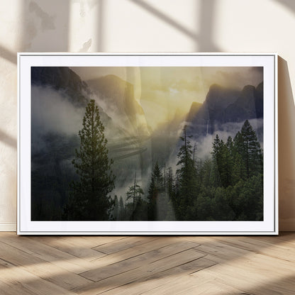 38316884-MGC-FP-36x24_White-Landscape Wall Art – Misty Mountain Valley Canvas Print, Scenic Pine Forest and Sunrise Photography Decor for Bedroom, Living