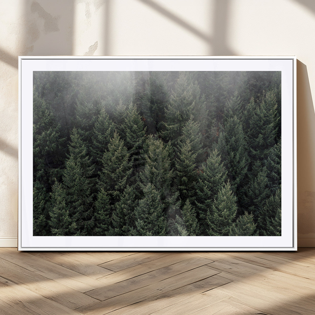 84059409-MGC-FP-36x24_White-Forest Wall Art – Misty Evergreen Trees Canvas Print, Tranquil Nature Photography Decor for Bedroom, Living Room, Office, Cabin or
