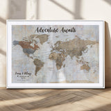 30792405-MGC-FP-36x24_White-Personalized World Map Wall Art – Rustic Beige Adventure Travel Map with Custom Couple Names, Vintage Wall Decor for Home or