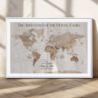 43869621-MGC-FP-36x24_White-Personalized World Map Wall Art – Light Beige Sepia Adventure Travel Map with Custom Family or Couple Names, Rustic Wall Decor for
