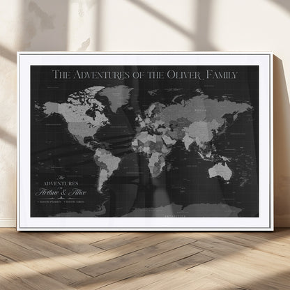 46064114-MGC-FP-36x24_White-Personalized World Map Wall Art – Black & Grey Adventure Travel Map with Custom Family or Couple Names, Modern Wall Decor for Home