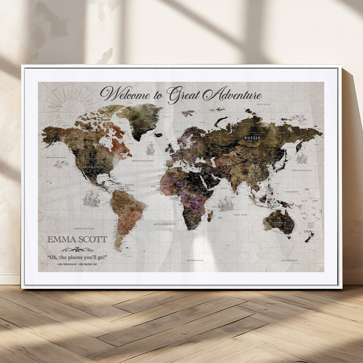33631532-MGC-FP-36x24_White-Personalized World Map Wall Art – Dark Vintage Adventure Travel Map with Custom Names, Rustic Wall Decor for Couples, Home or