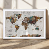 67029173-MGC-FP-36x24_White-Personalized World Map Wall Art – Colorful Vintage Adventure Travel Map with Custom Couple Names, Rustic Wall Decor for Home,